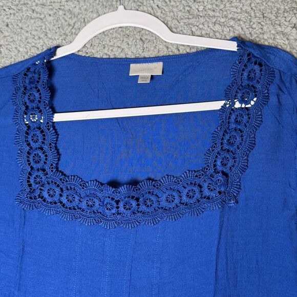 Avenue Top‎ Womens Plus Size 18/20 Blue Pleaded Lace Hem Trim 3/4 Sleeve New - Picture 2 of 10